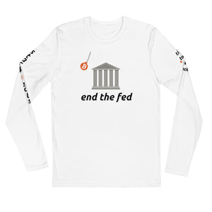 End The Fed White Long Sleeve Shirt With Sleeve Prints - Bitcoin Merchandise - Bitcoin Shirt - Stack Sats - Tick Tock Next Block