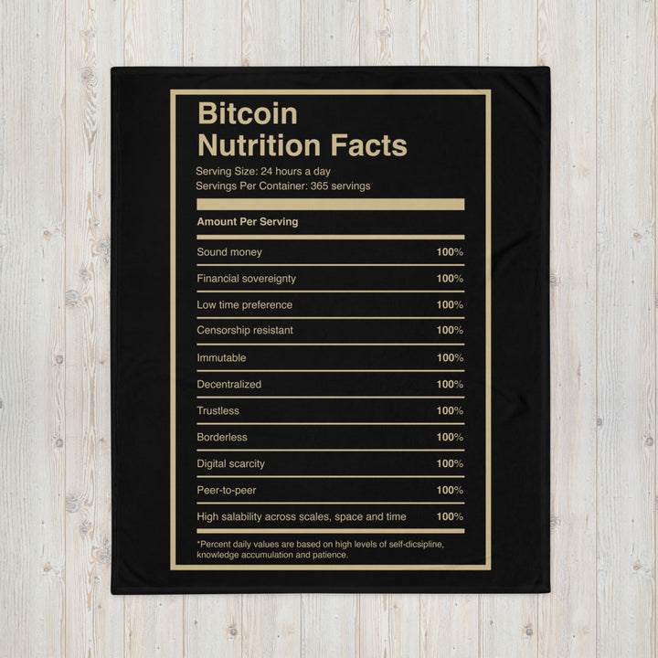 Bitcoin Nutrition Facts Black Throw Blanket - Bitcoin Merch