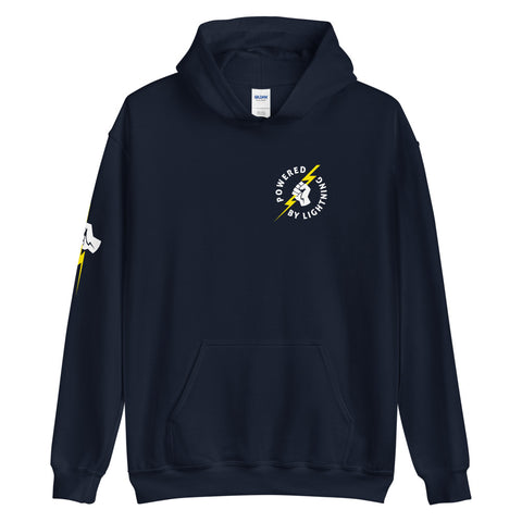 Powered By Lightning Chest Badge Unisex Bitcoin Hoodie With Right Sleeve Print